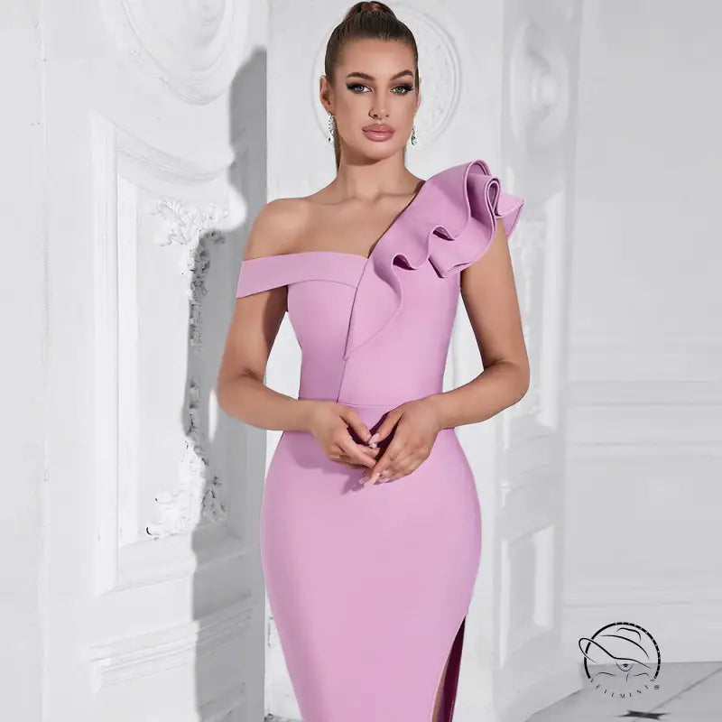 Elegant pink asymmetrical langry fashion dress with ruffled shoulders
