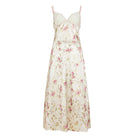 Elegant langry floral A-line maxi dress in ivory satin with pink green patterns