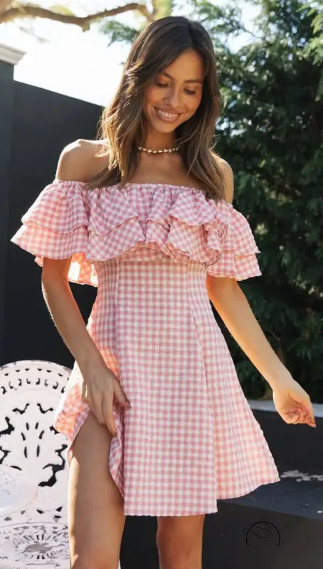 Elegant Plaid Off-shoulder Ruffled Collar Dress