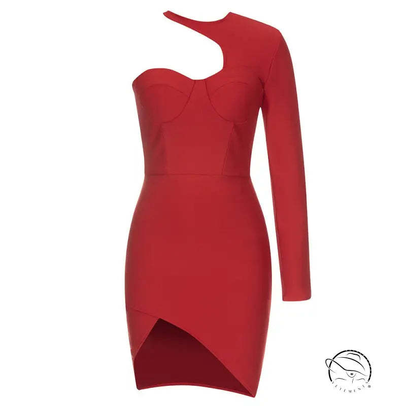 Striking red sexy evening slim fit dress with one-shoulder sleeve