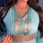 Mint green and gold embroidered langry kaftan with beaded belt