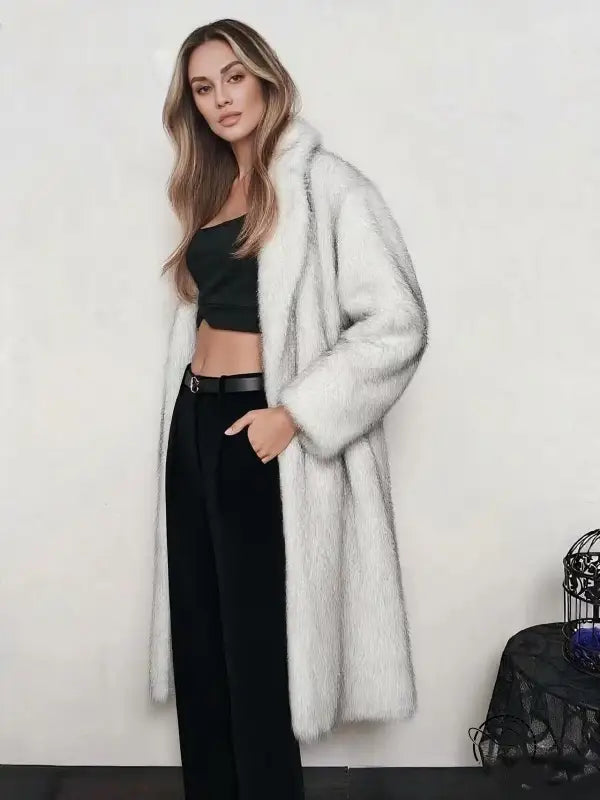 Elegant cozy faux fur coat in light gray fluffy texture