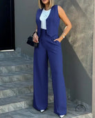 Elegant vest jacket wide leg pants set in blue