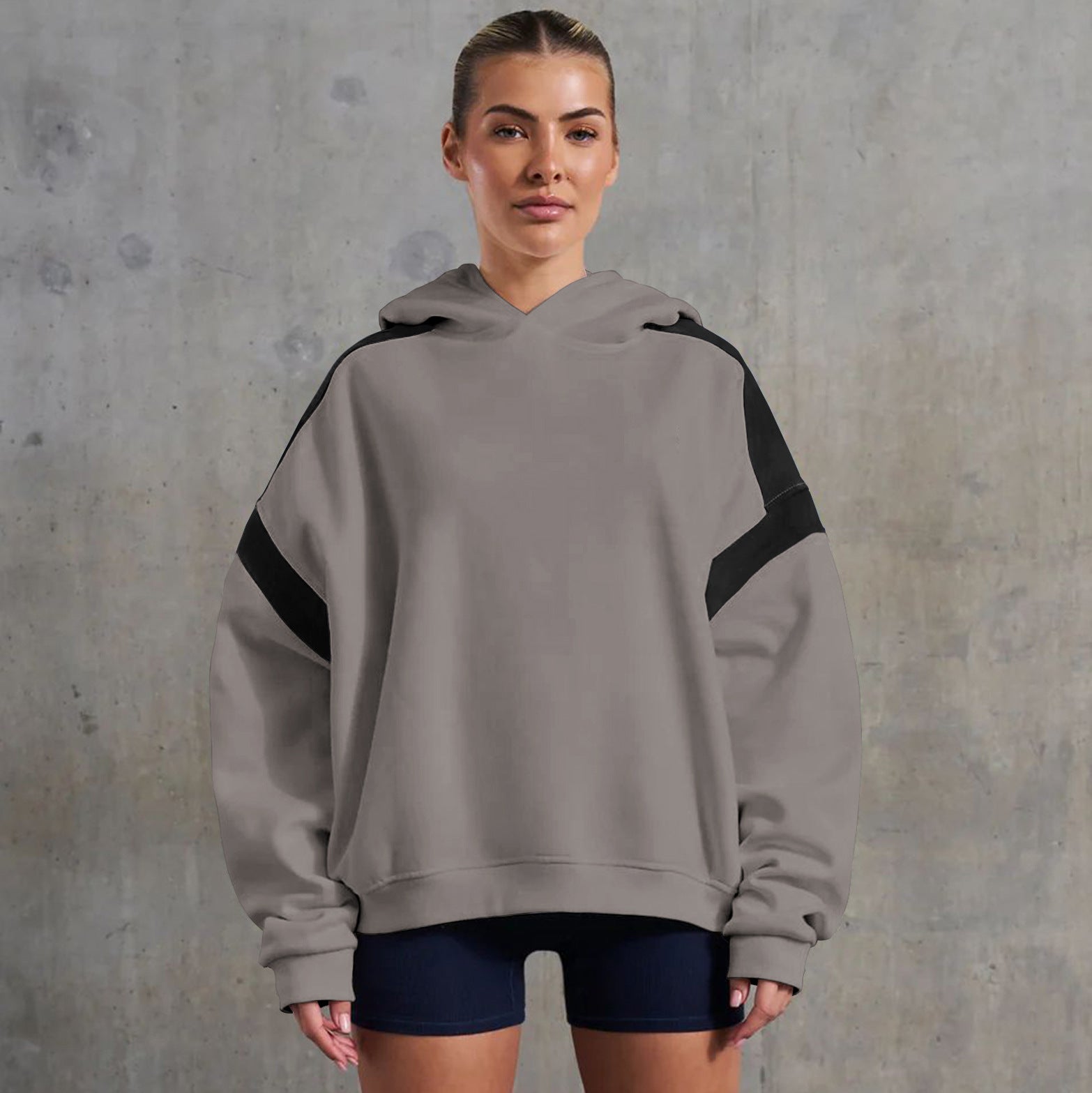 Gray and black Drop Shoulder High End Hooded Sweatshirt for stylish fashion ملابس