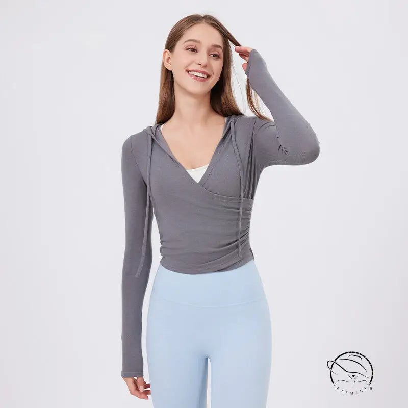 Gray slim fit slimming long-sleeved wrap hoodie with v-neck and drawstring hood