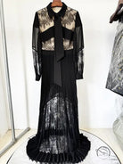 Elegant black lace and pleated langry floor-length fashion dress