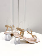 Square Toe Crystal Heel Floral Sandals