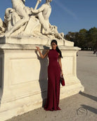 Burgundy pleated maxi dress with short sleeves, enchanting fashion