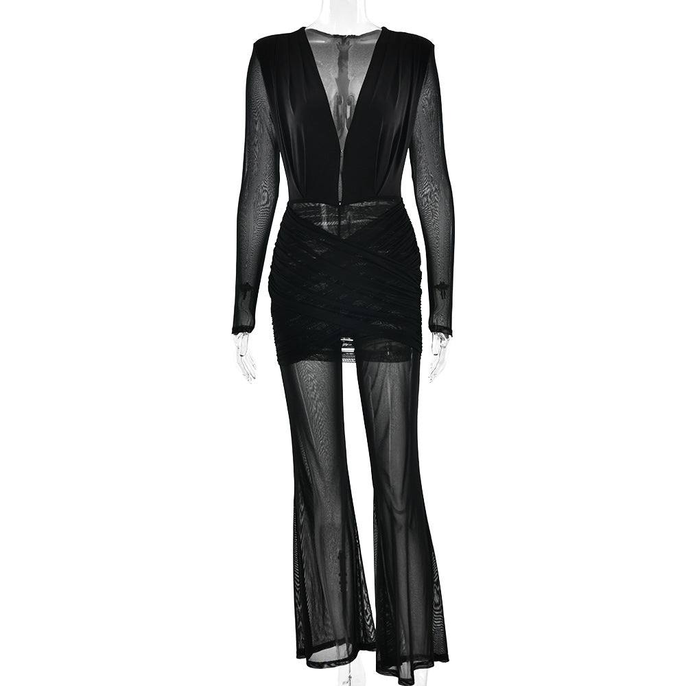 Langry fashion black mesh pleated deep V jumpsuit with long sleeves
