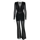 Langry fashion black mesh pleated deep V jumpsuit with long sleeves