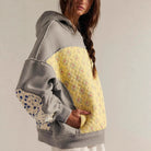 Langry yellow quilted hoodie with floral accents, gray sleeves, fashion ملابس