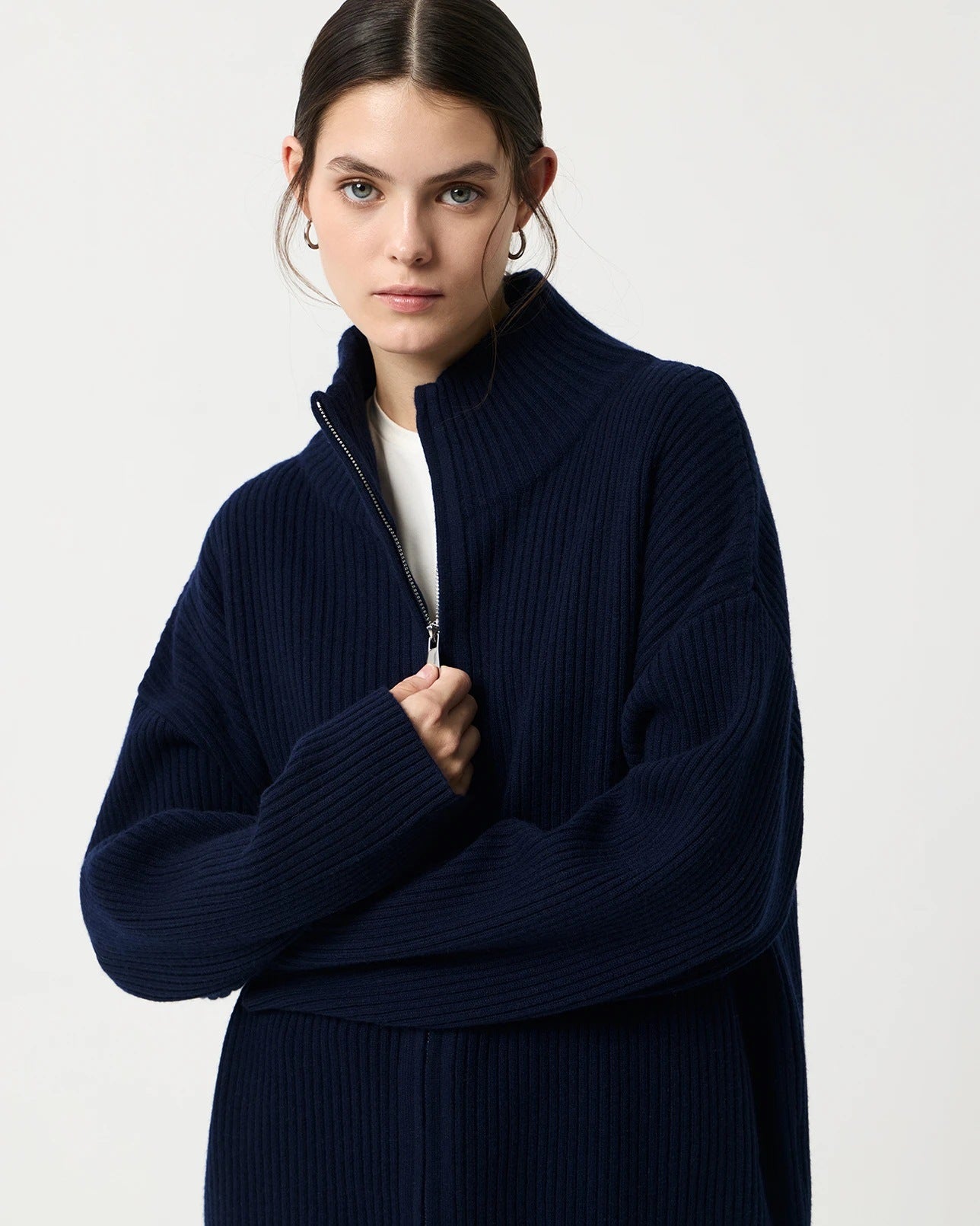 Navy blue ribbed high collar wool zipper cardigan with long regular sleeves