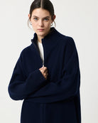 Navy blue ribbed high collar wool zipper cardigan with long regular sleeves