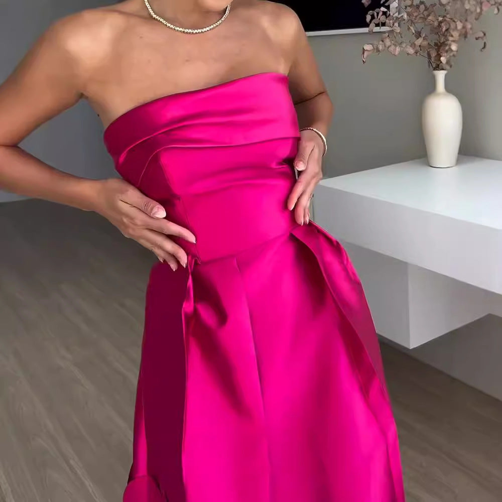 Strapless Fuchsia Satin Dress showcasing Stylish and Elegant Langry Fashion ملابس