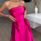 Stunning strapless fuchsia satin high-waist evening dress in langry fashion