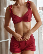 Langry red ribbed ruffled bikini top with matching shorts fashion