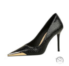 Elegant black stiletto heel with gold toe in langry fashion leather low cut metal pointed high heel