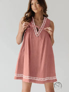 Beautiful embroidered vest denim dress in sleeveless pink with embroidery