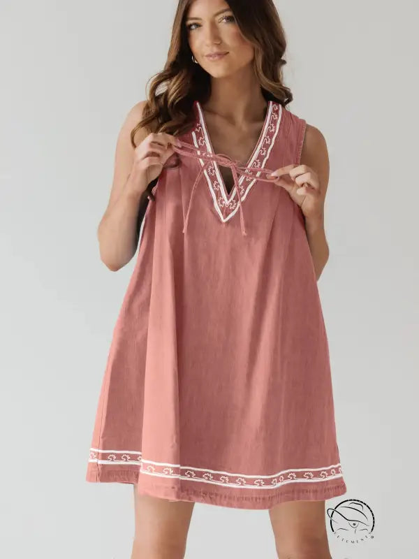 Beautiful embroidered vest denim dress in sleeveless pink with embroidery