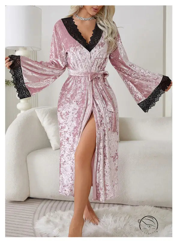 Women’s pink crushed velvet lengthened bathrobe with black lace trim, lace light luxury home wear