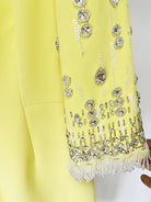 Yellow Diamond Embedded Mid Length Dress with jeweled sleeves for elegant fashion ملابس