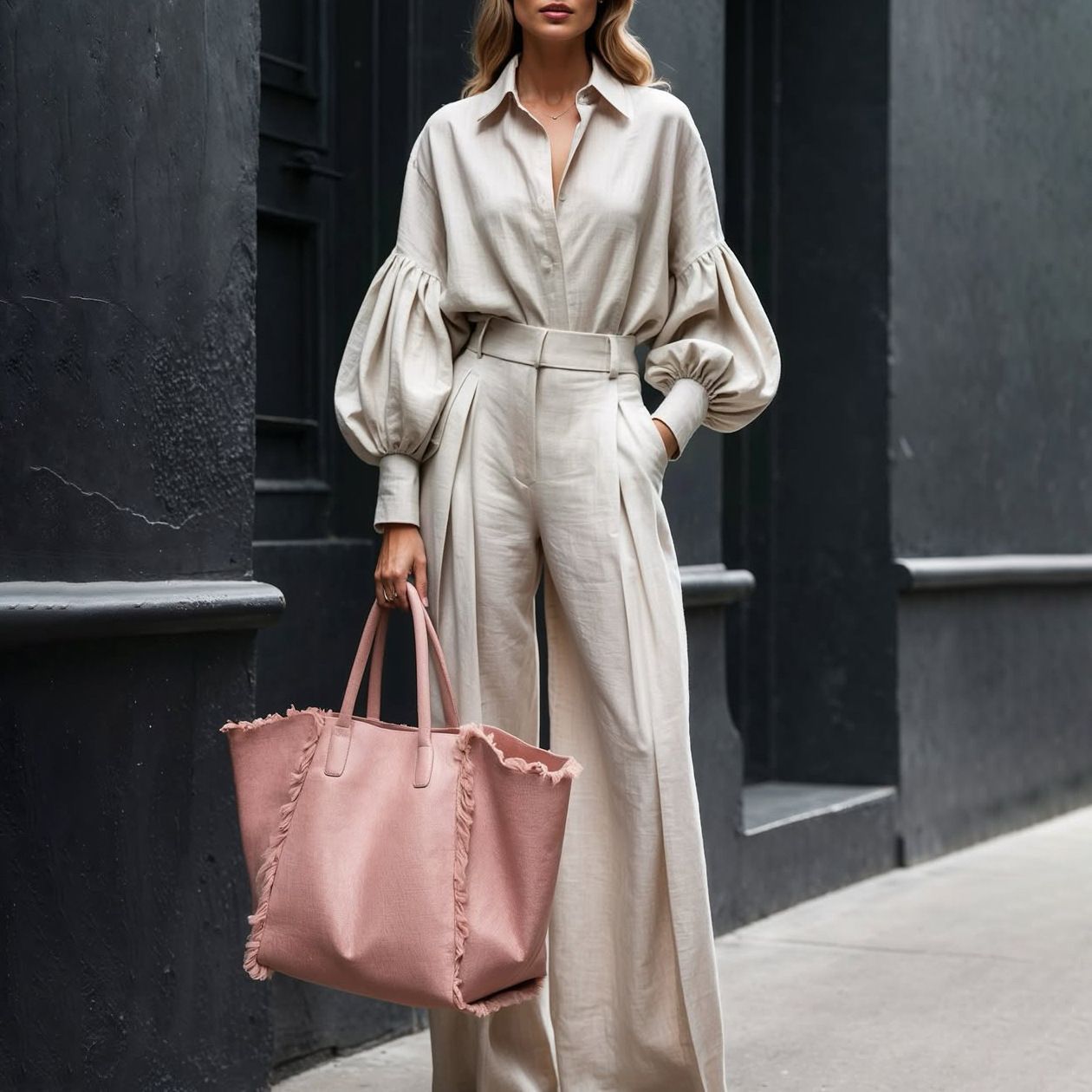 Elegant Long Sleeved Shirt Wide Leg Pants Cotton Linen Two Piece Sets