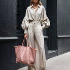 Elegant Long Sleeved Shirt Wide Leg Pants Cotton Linen Two Piece Sets