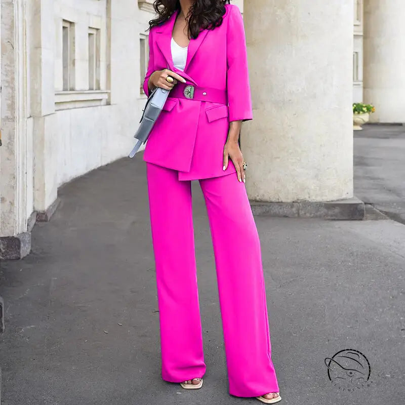 Bright pink high waist two piece set pantsuit