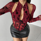 Langry fashion red rose lace bodysuit with black leather skirt
