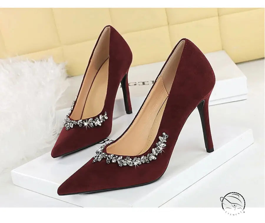 Burgundy suede Rhinestone Cocktail Stiletto Heel with pointed toes and rhinestones