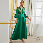 Emerald green satin langry fashion dress with gold embroidery