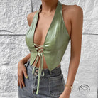 Light green solid color halter faux leather vest with deep V-neck lace-up