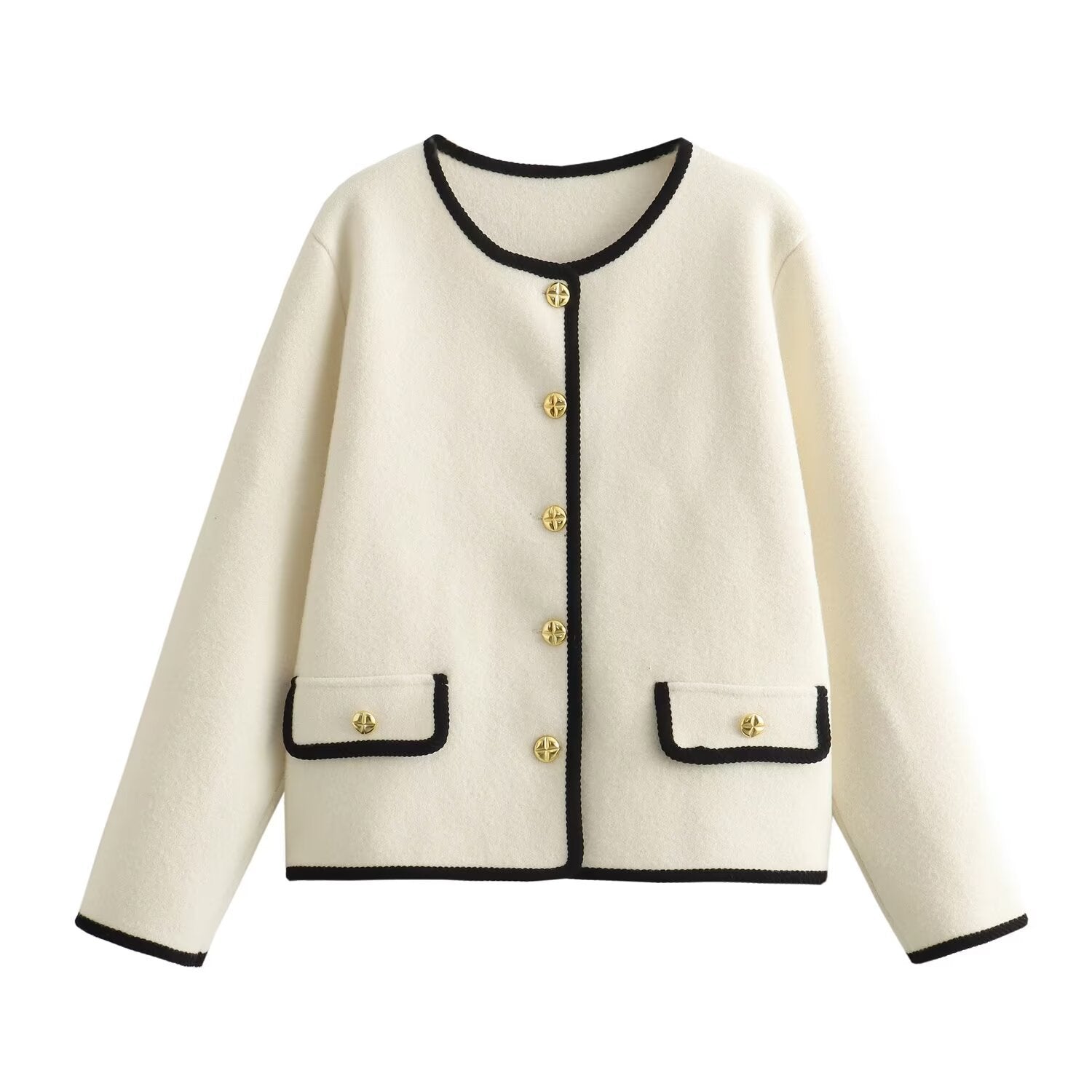 Langry fashion cream tweed jacket with black trim and gold buttons, Chanel-inspired