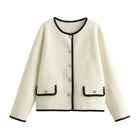 Langry fashion cream tweed jacket with black trim and gold buttons, Chanel-inspired