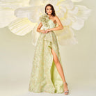 Elegant one-shoulder gown with floral details and thigh-high slit for high-end fashion ملابس