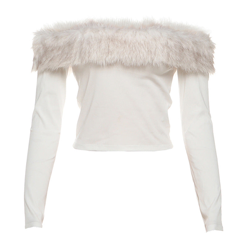 White off-shoulder langry fashion top with feathered trim and long sleeves
