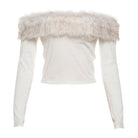 White off-shoulder langry fashion top with feathered trim and long sleeves