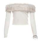 Langry fashion white off-shoulder top with feathered trim and long sleeves
