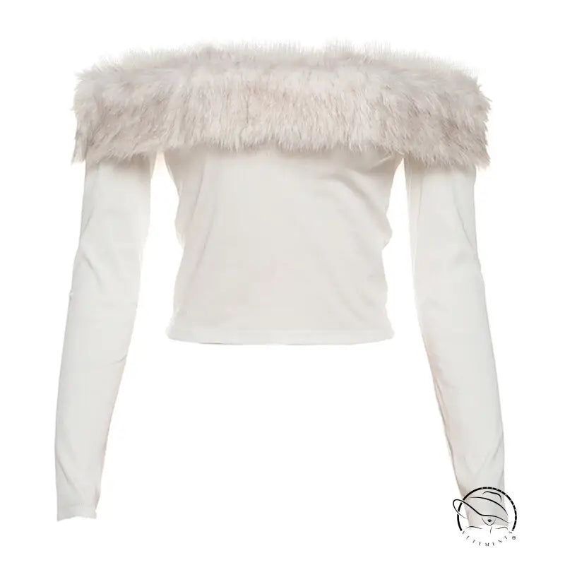 Langry fashion white off-shoulder top with feathered trim and long sleeves