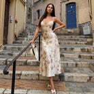 Cream floral A-line maxi dress in langry fashion style