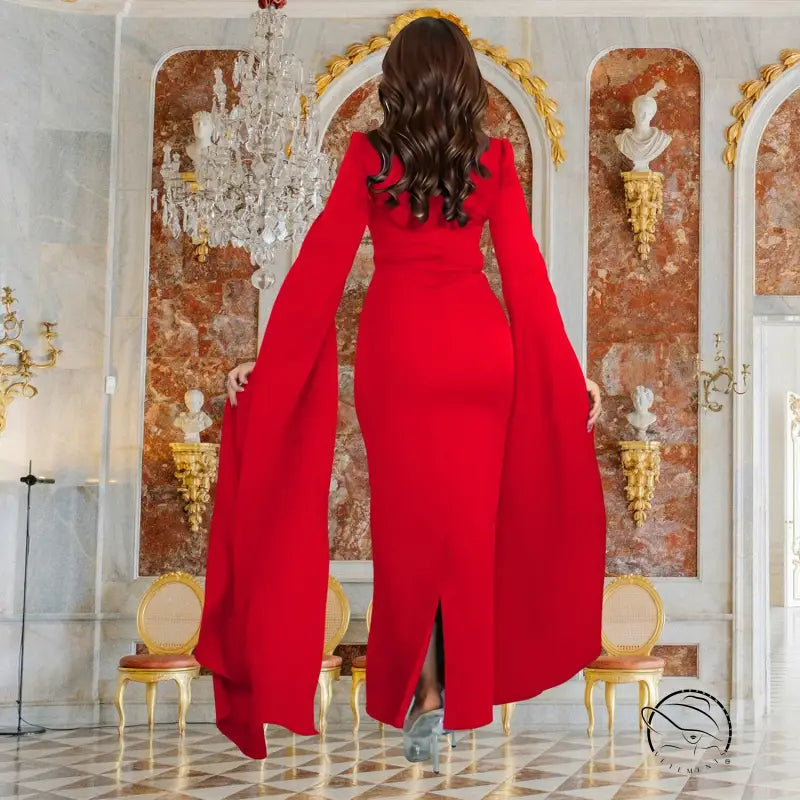 Elegant red langry fashion gown with flowing sleeves, ملابس dress