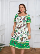 Elegant bohemian dress: plus-size midi with floral bird print, puff sleeves