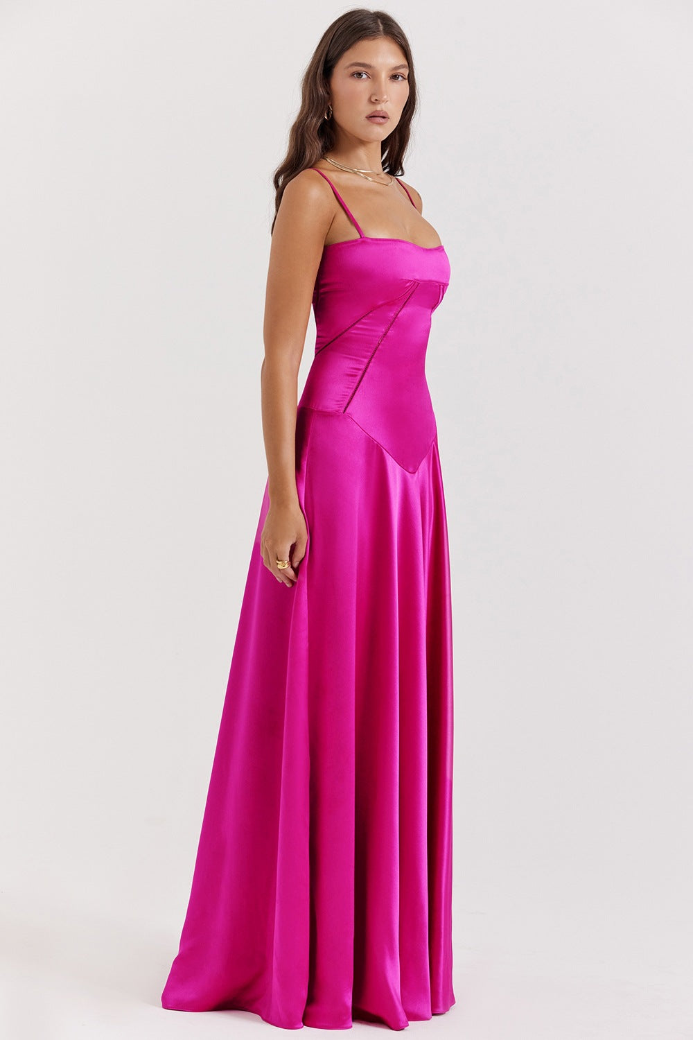 Fuchsia satin gown in Beautiful Backless Evening Dress showcasing elegant fashion ملابس
