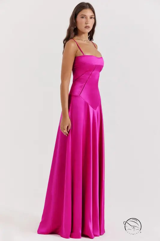 Elegant fuchsia satin langry evening dress with backless fashion design