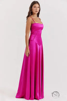 Elegant fuchsia satin langry evening dress with backless fashion design