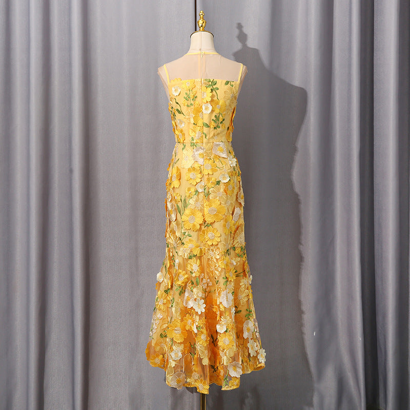 Vibrant yellow Langry fashion gown with 3D floral embroidery and fishtail hem