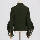 Olive green long sleeve blazer with fringe sleeves for casual office outfits
