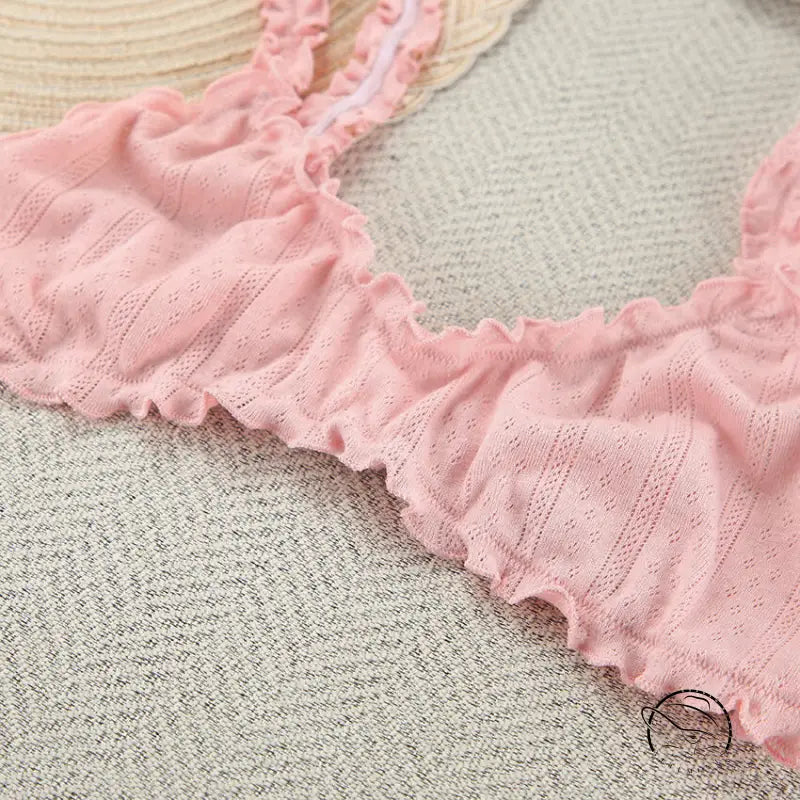 Pink eyelet knit bralette with ruffled edges in breathable long fashion pajamas