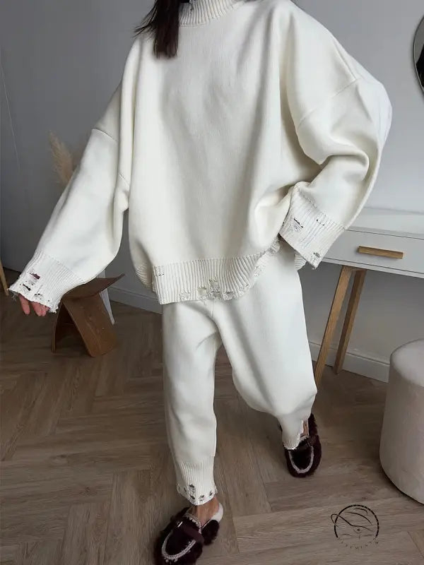 Winter Knitted Ankle Tight Pants Turtleneck Sweater Set