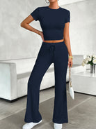 Navy blue yoga short-sleeved crop top and wide-leg pants set, langry fashion ملابس